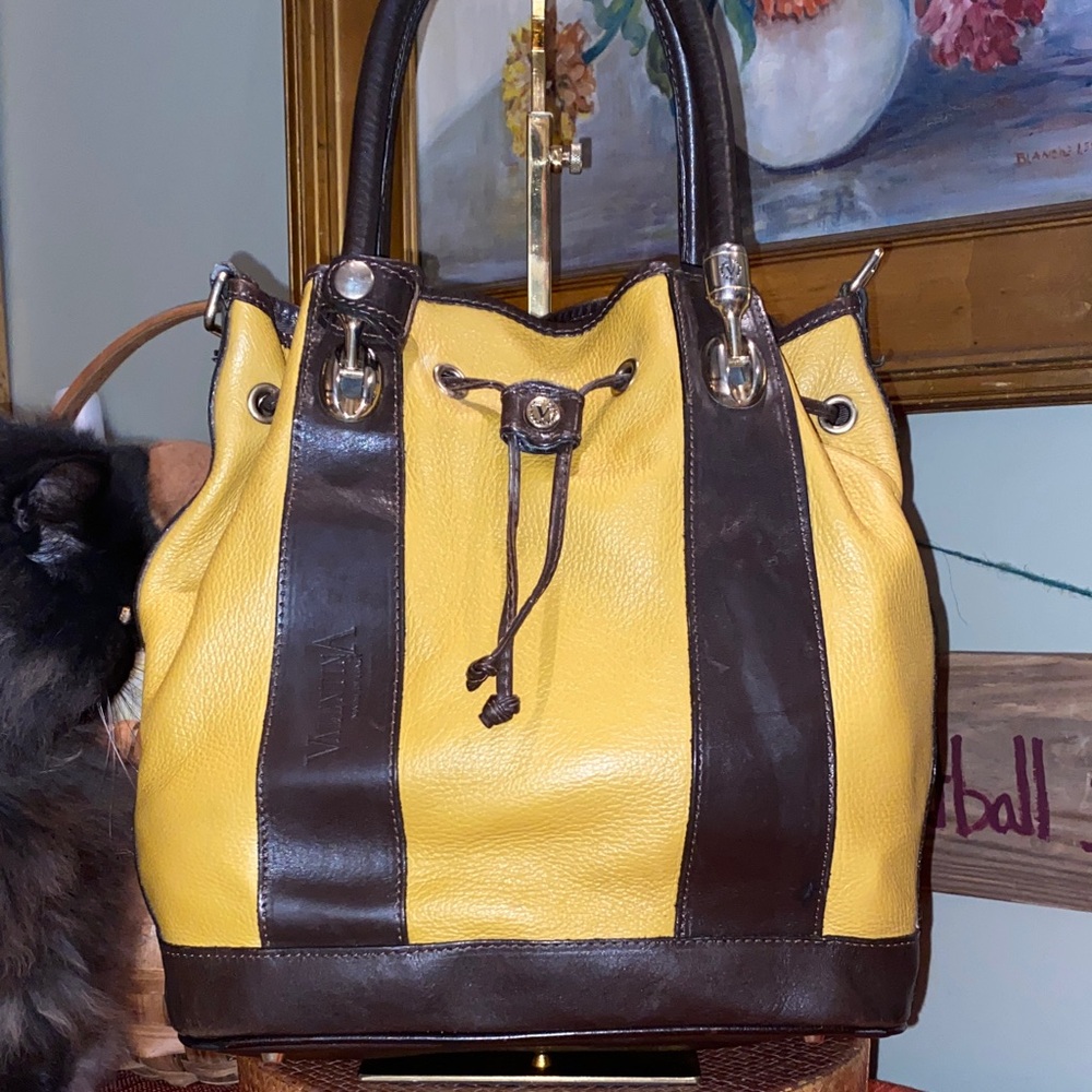 Valentina Italian two-tone leather drawstring bucket crossbody bag